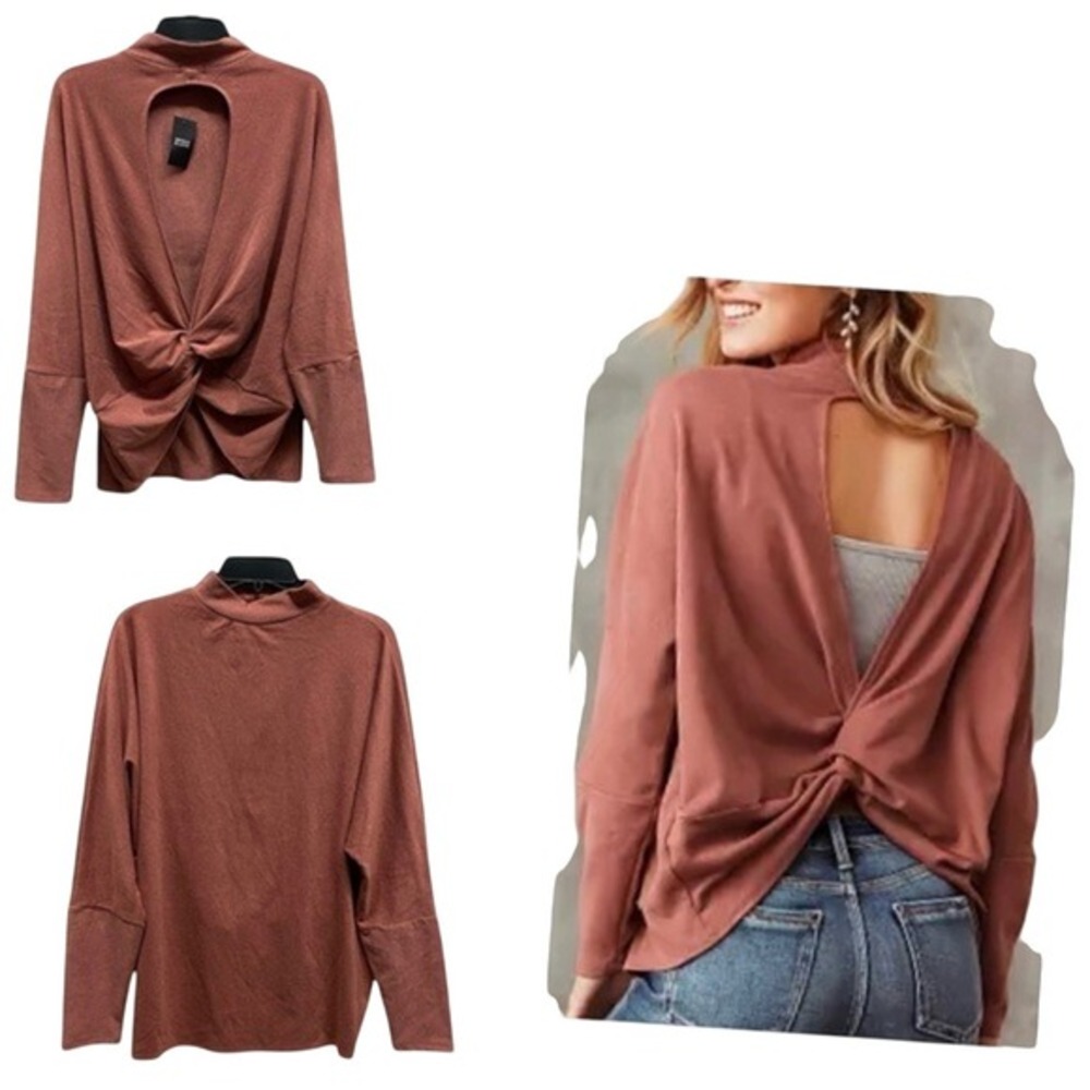 Buckle Black Large BKE Twisted Open Back Blouse Long Sleeve Mock‎ Neck Cutout